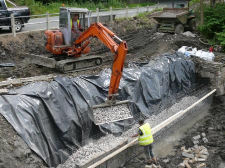 Neath Canal Navigation workmen strengthening the canal bank at Clyne with gabbion walling Neath Canal Navigation workmen strengthening the canal bank at Clyne with gabbion walling