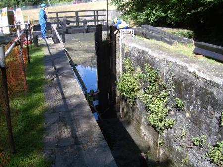 Another view of the bottom lock gates being lowered into position.