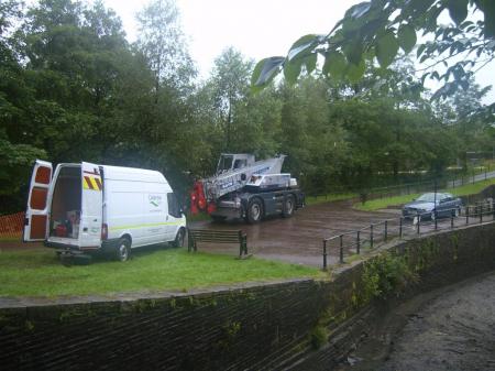 Work of crane completed and carane leaving site.